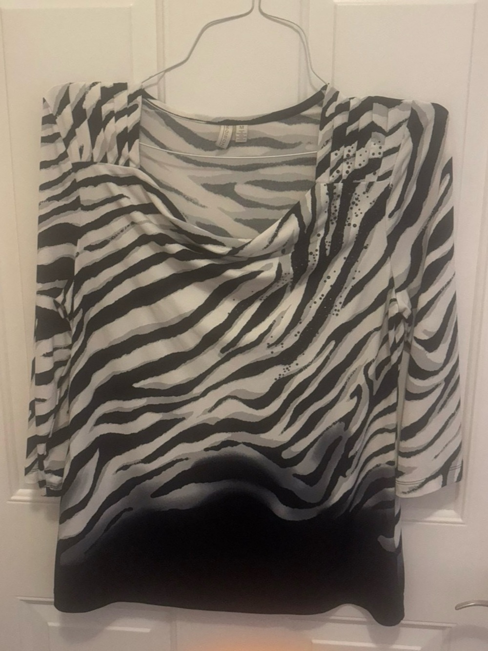 Madison brand Women's Black & White Zebra Print Draped Neck Top